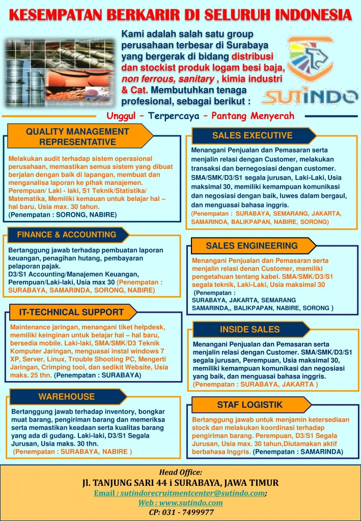 PT Sutindo Surabaya - poster lowongan