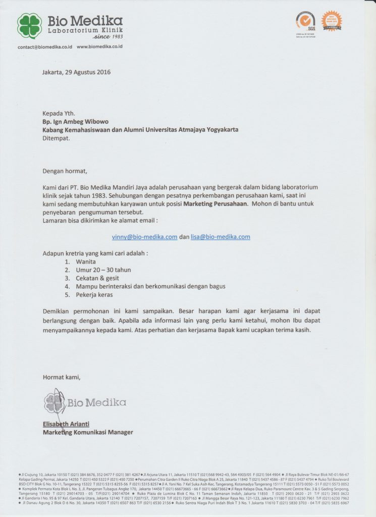 PT. Bio Medika Mandiri Jaya - Surat Lowongan Kerja Univ Atmajaya Yogyakarta 001